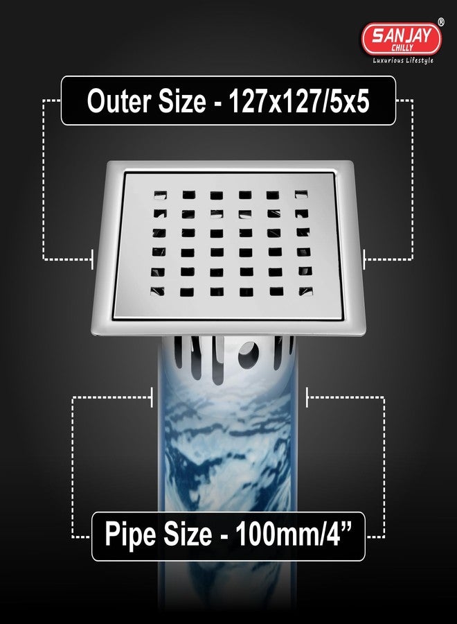 Sanjay Chilly Square Zoom SS Floor Drain Cockroach Trap for Bathroom Gratings | 304 Grade Kitchen Drain Strainer Sink Bathtub Toilet Anti Odor Hair Catcher (Golden Series - Silver - 5x5 INCH) - Image 2